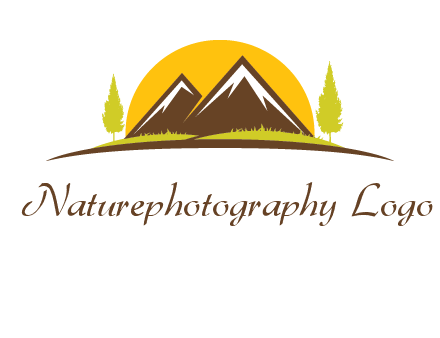 mountains with trees and sun travel logo
