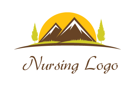 mountains with trees and sun travel logo