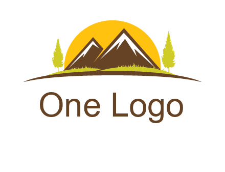 mountains with trees and sun travel logo