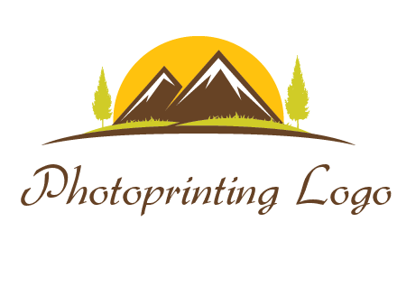 mountains with trees and sun travel logo