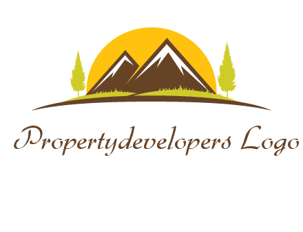 mountains with trees and sun travel logo