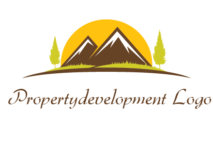 mountains with trees and sun travel logo