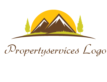 mountains with trees and sun travel logo
