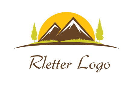 mountains with trees and sun travel logo