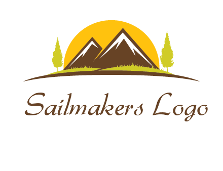mountains with trees and sun travel logo