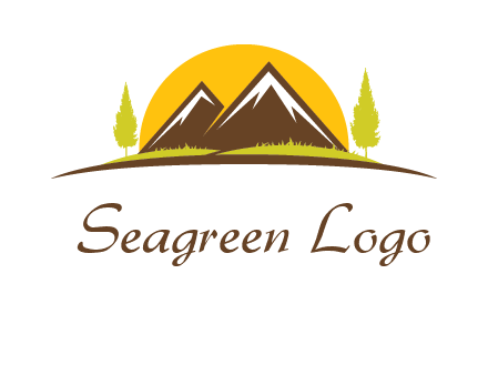 mountains with trees and sun travel logo