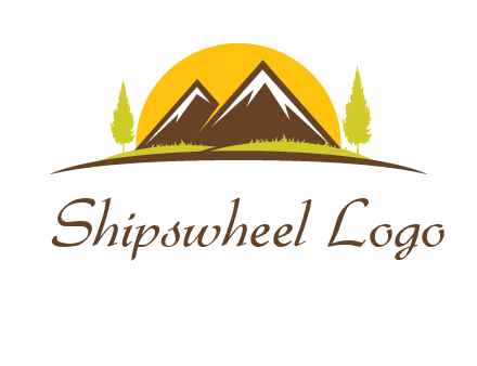 mountains with trees and sun travel logo