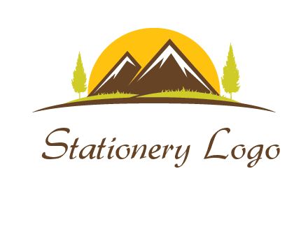 mountains with trees and sun travel logo