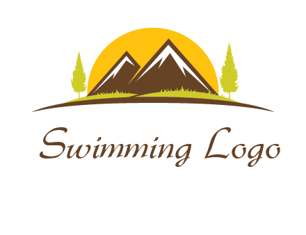 mountains with trees and sun travel logo
