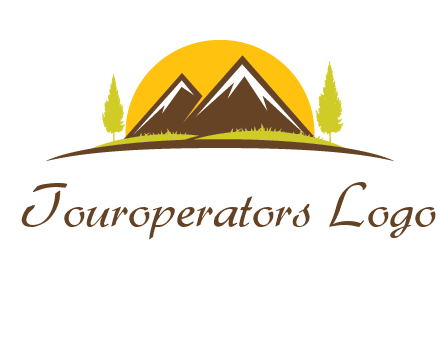 mountains with trees and sun travel logo