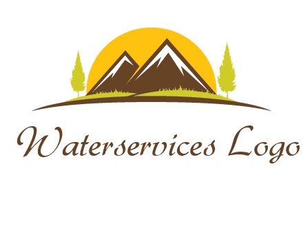 mountains with trees and sun travel logo