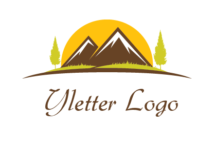 mountains with trees and sun travel logo