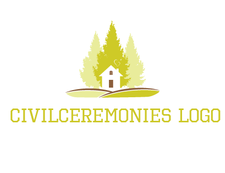 pine trees and house on hill logo