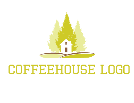 pine trees and house on hill logo