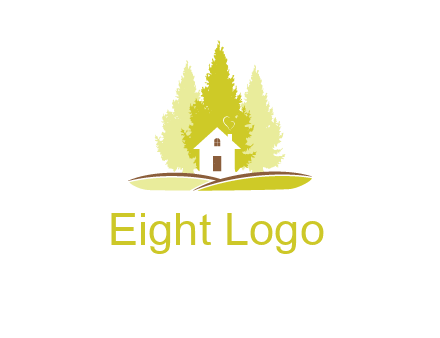 pine trees and house on hill logo