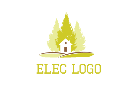 pine trees and house on hill logo