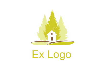 pine trees and house on hill logo