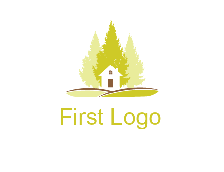pine trees and house on hill logo