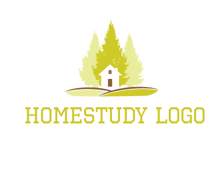 pine trees and house on hill logo