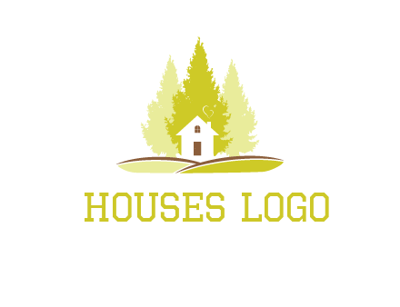 pine trees and house on hill logo