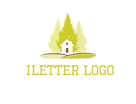 pine trees and house on hill logo