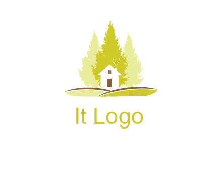 pine trees and house on hill logo