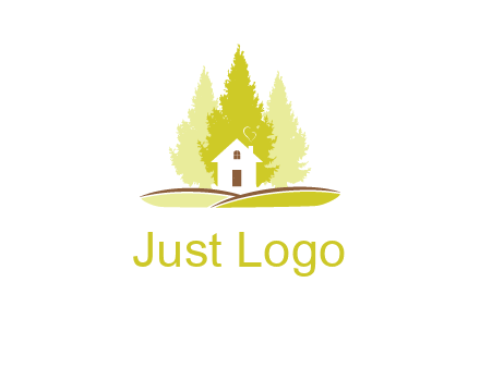 pine trees and house on hill logo