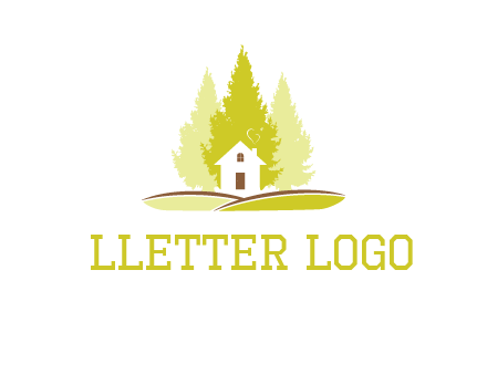 pine trees and house on hill logo