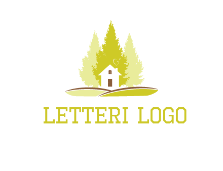 pine trees and house on hill logo