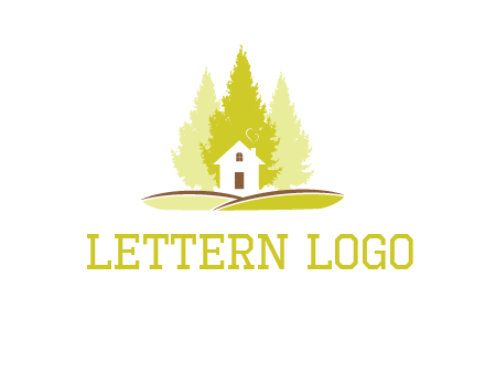 pine trees and house on hill logo