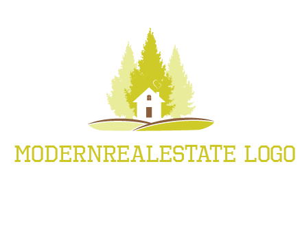 pine trees and house on hill logo