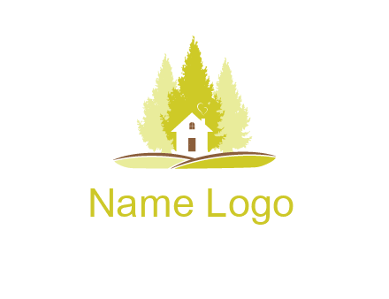 pine trees and house on hill logo