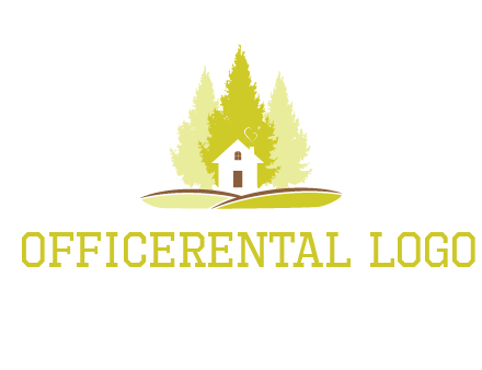 pine trees and house on hill logo