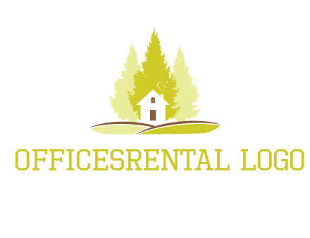 pine trees and house on hill logo