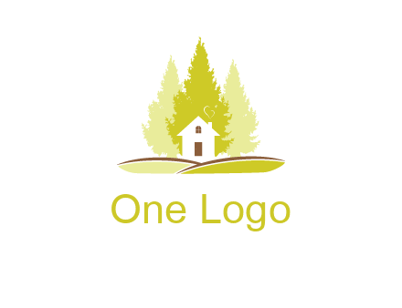 pine trees and house on hill logo