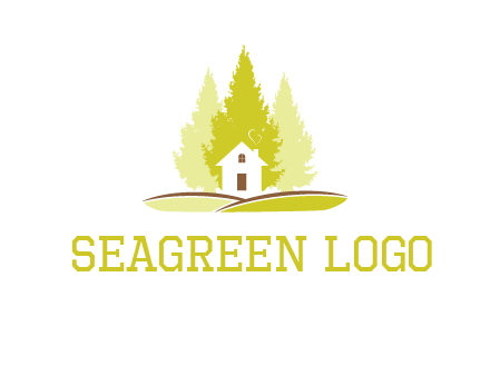 pine trees and house on hill logo