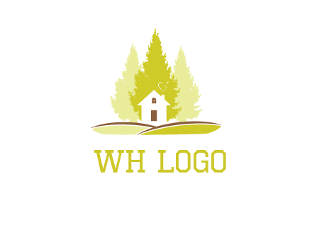 pine trees and house on hill logo