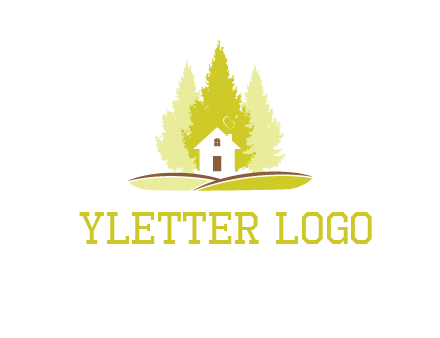 pine trees and house on hill logo