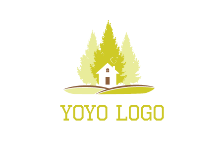 pine trees and house on hill logo