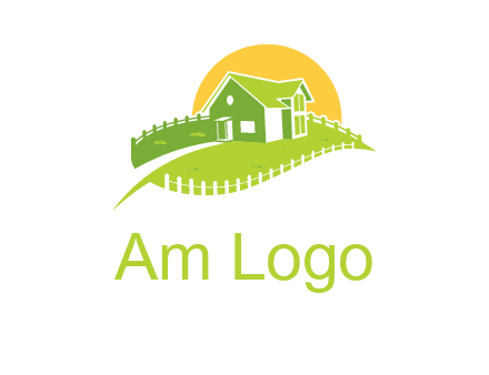 picket fence and sun behind farmhouse logo