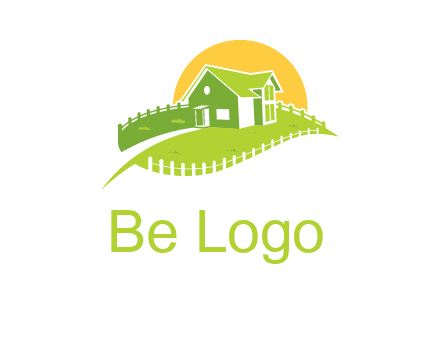 picket fence and sun behind farmhouse logo