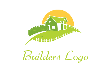 picket fence and sun behind farmhouse logo