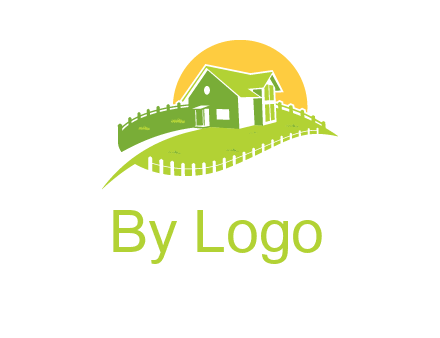 picket fence and sun behind farmhouse logo