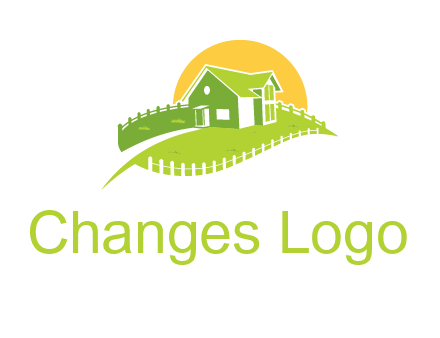 picket fence and sun behind farmhouse logo
