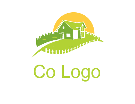 picket fence and sun behind farmhouse logo