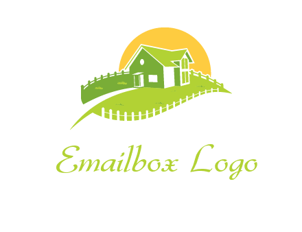 picket fence and sun behind farmhouse logo