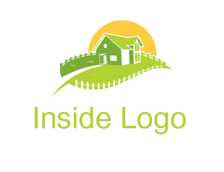 picket fence and sun behind farmhouse logo