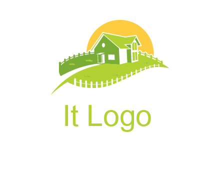 picket fence and sun behind farmhouse logo