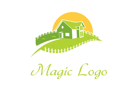 picket fence and sun behind farmhouse logo