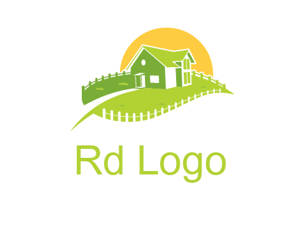 picket fence and sun behind farmhouse logo